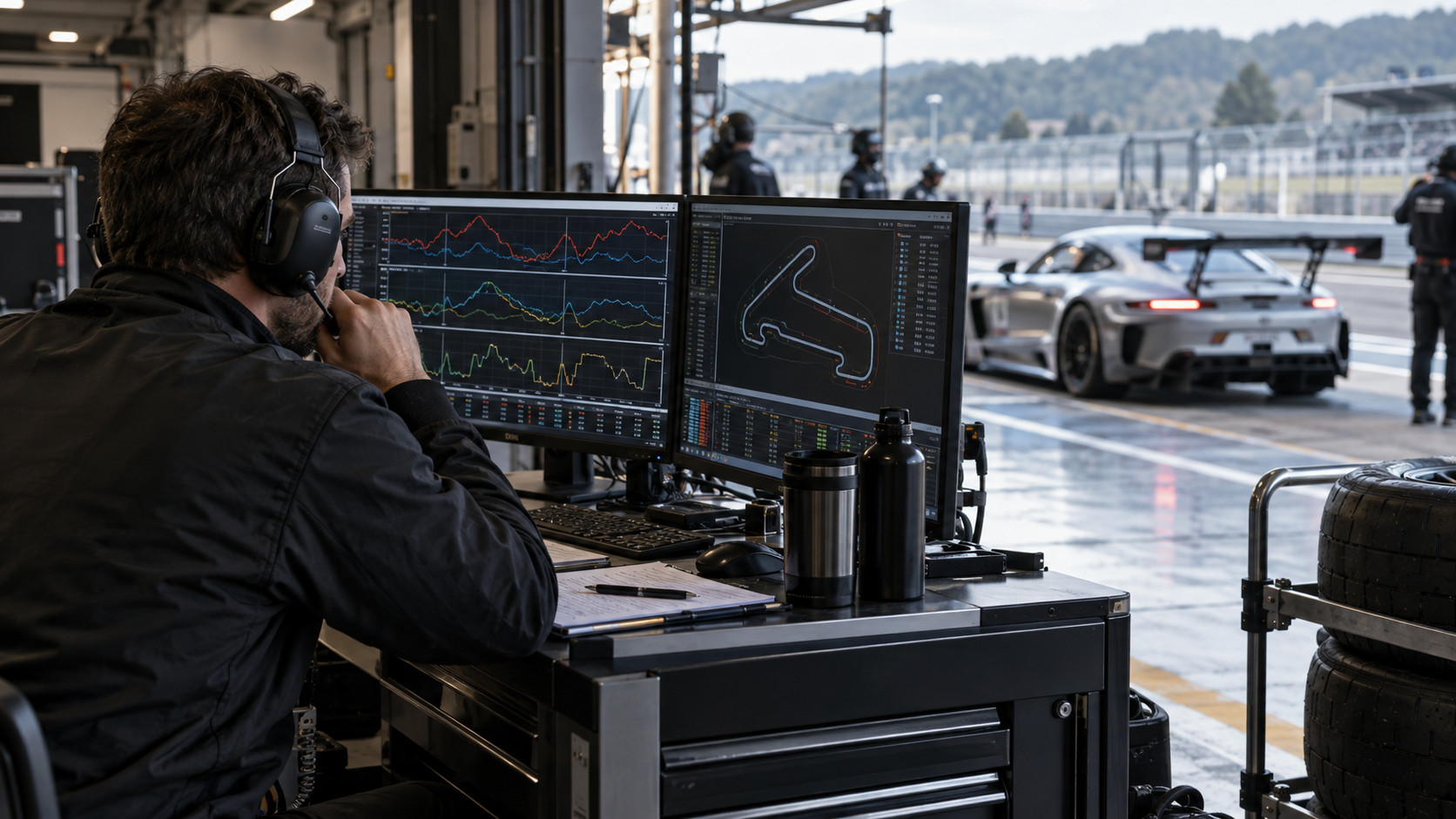 Race engineer reviewing telemetry beside a GT sports car