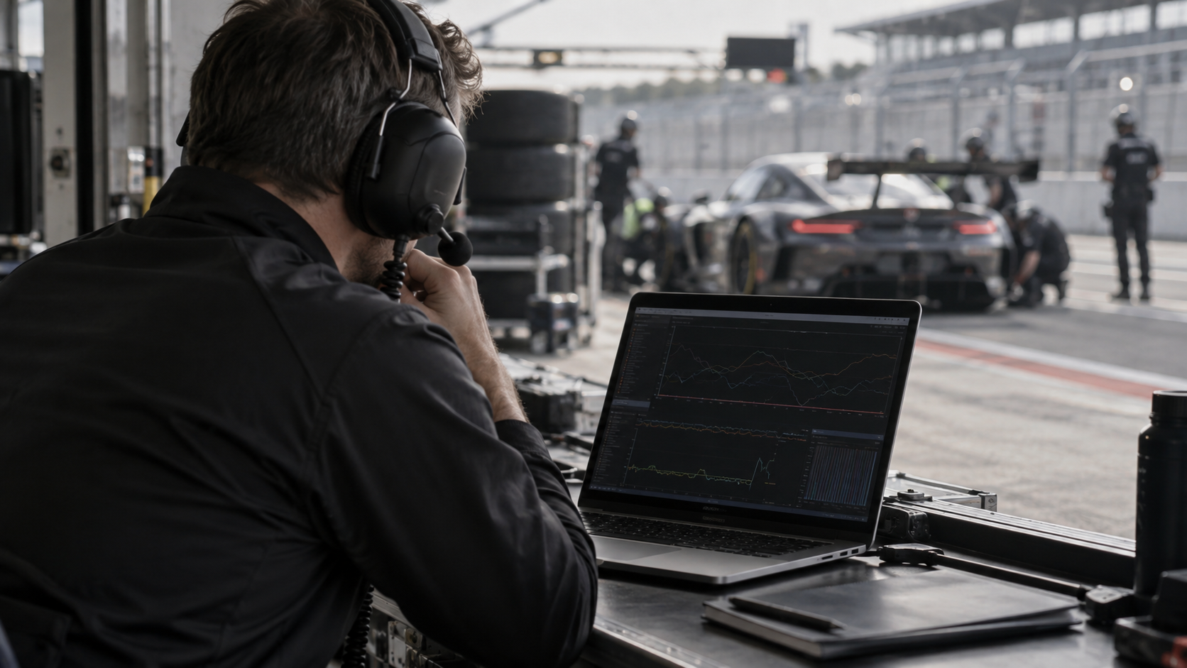 Race engineer reviewing telemetry on a laptop in a sports car garage