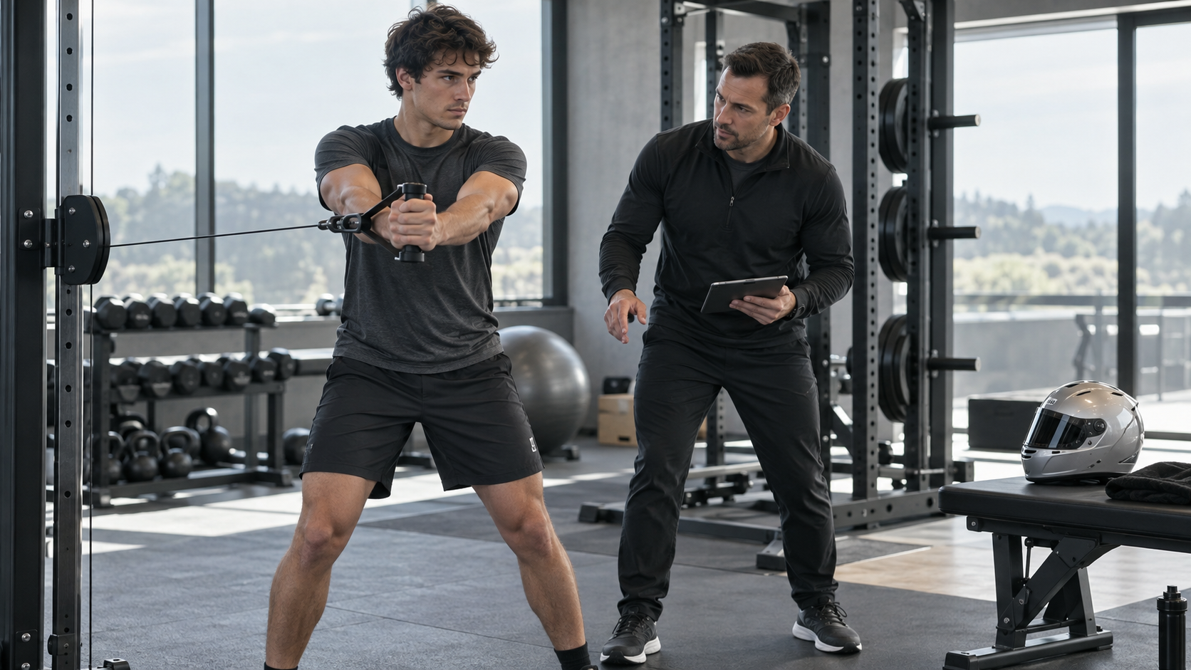 Racing athlete performing supervised core strength training