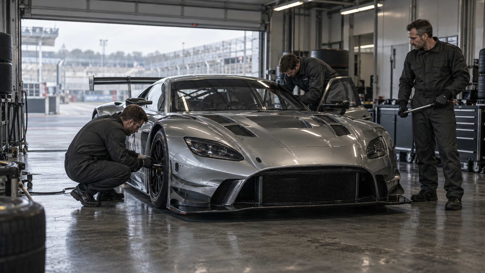 Sports car racing team working in the garage