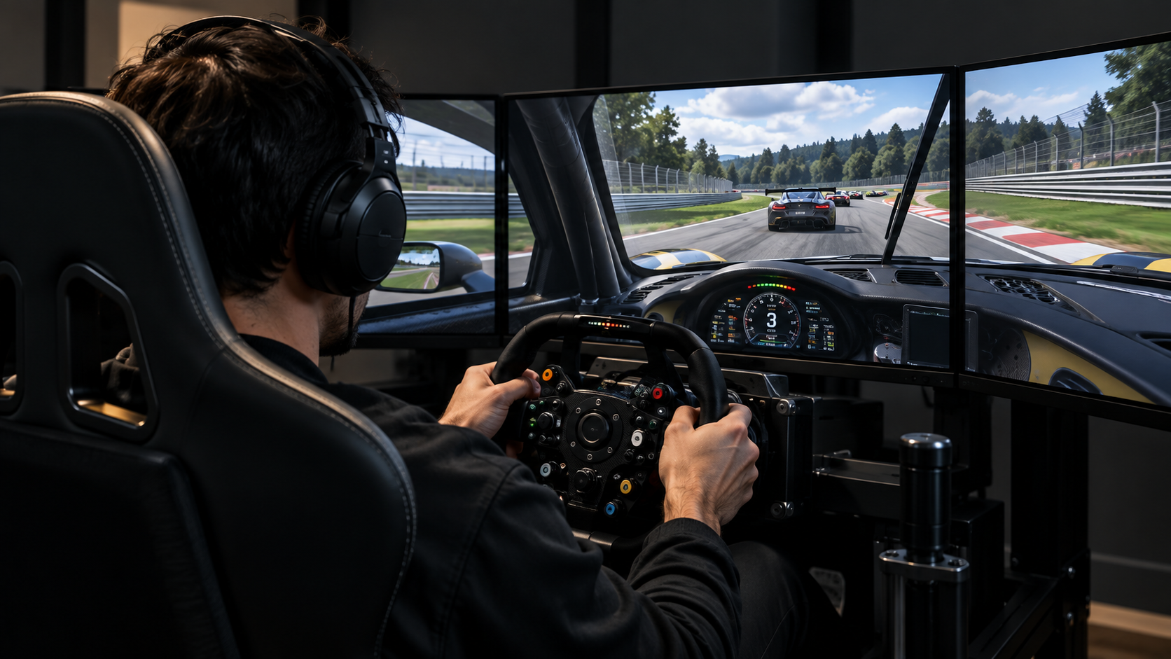 Sim racer at the wheel of a racing simulator