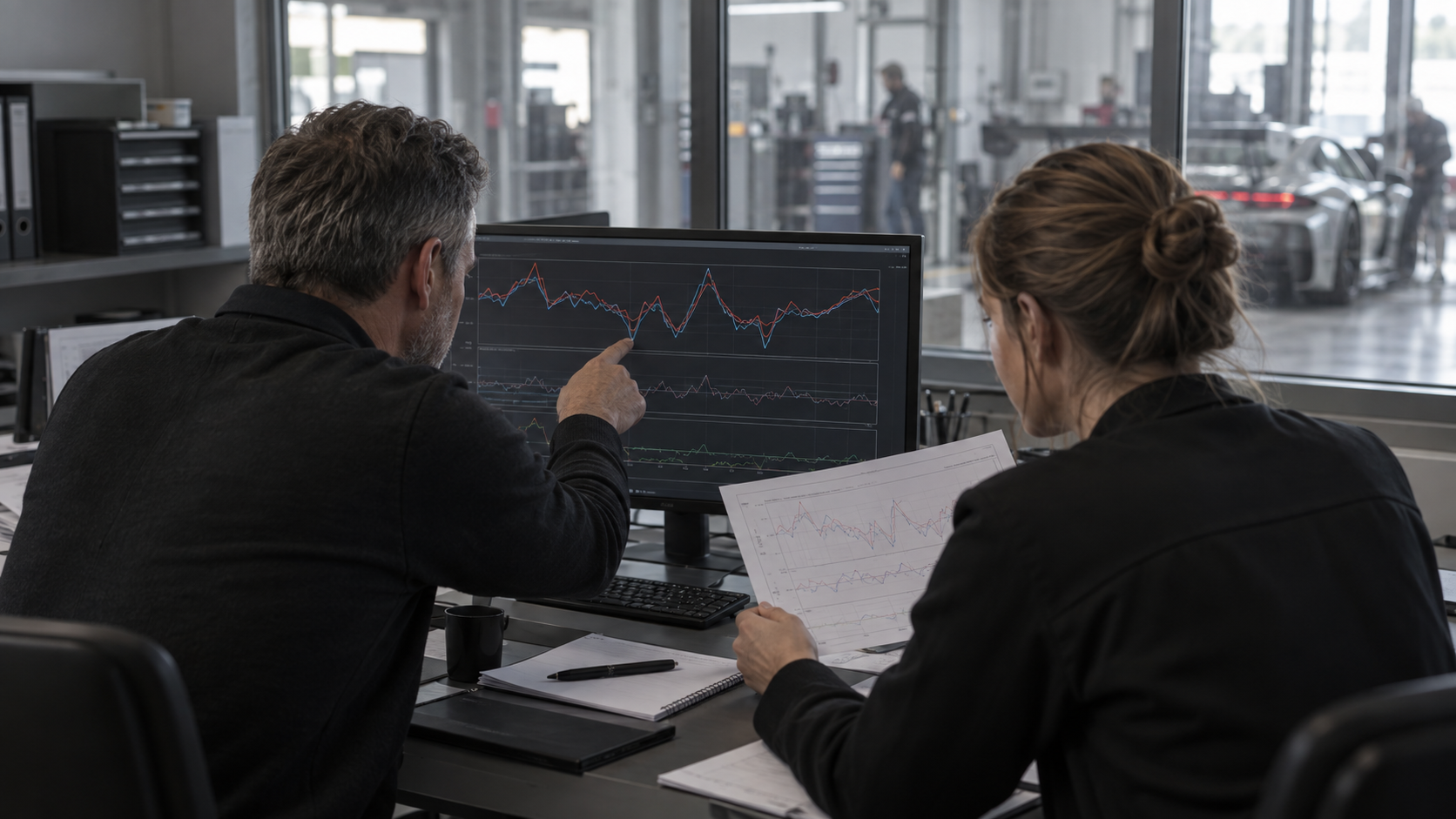 Technical officials comparing telemetry charts during a review