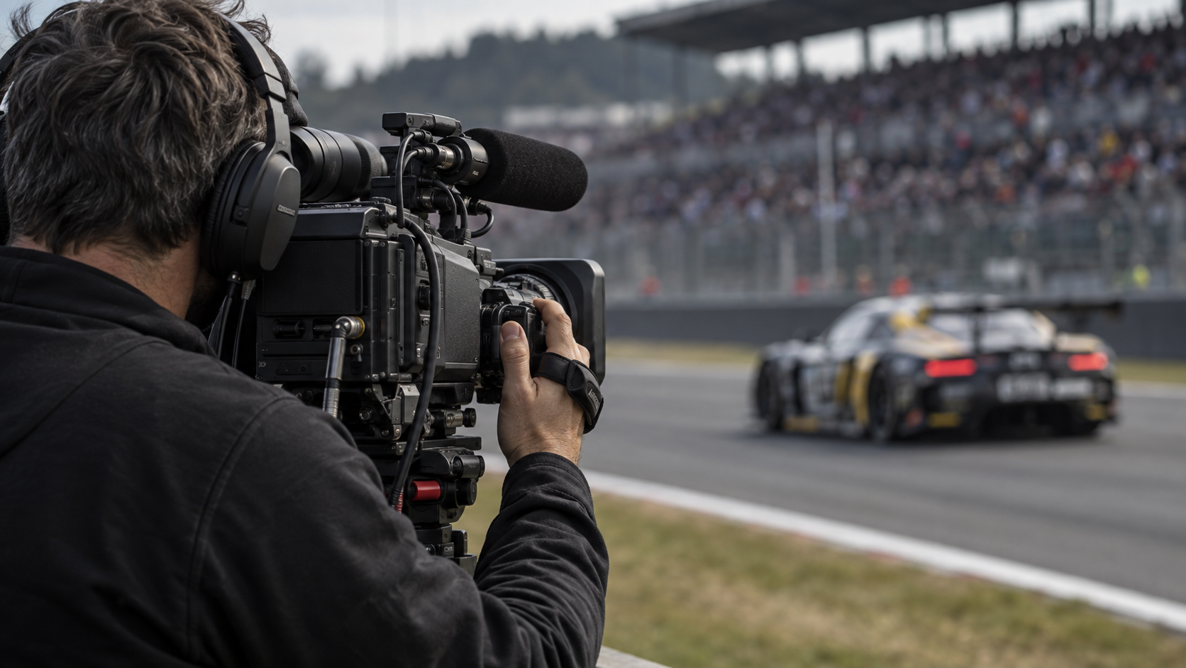 Camera operator filming sports cars at a race circuit